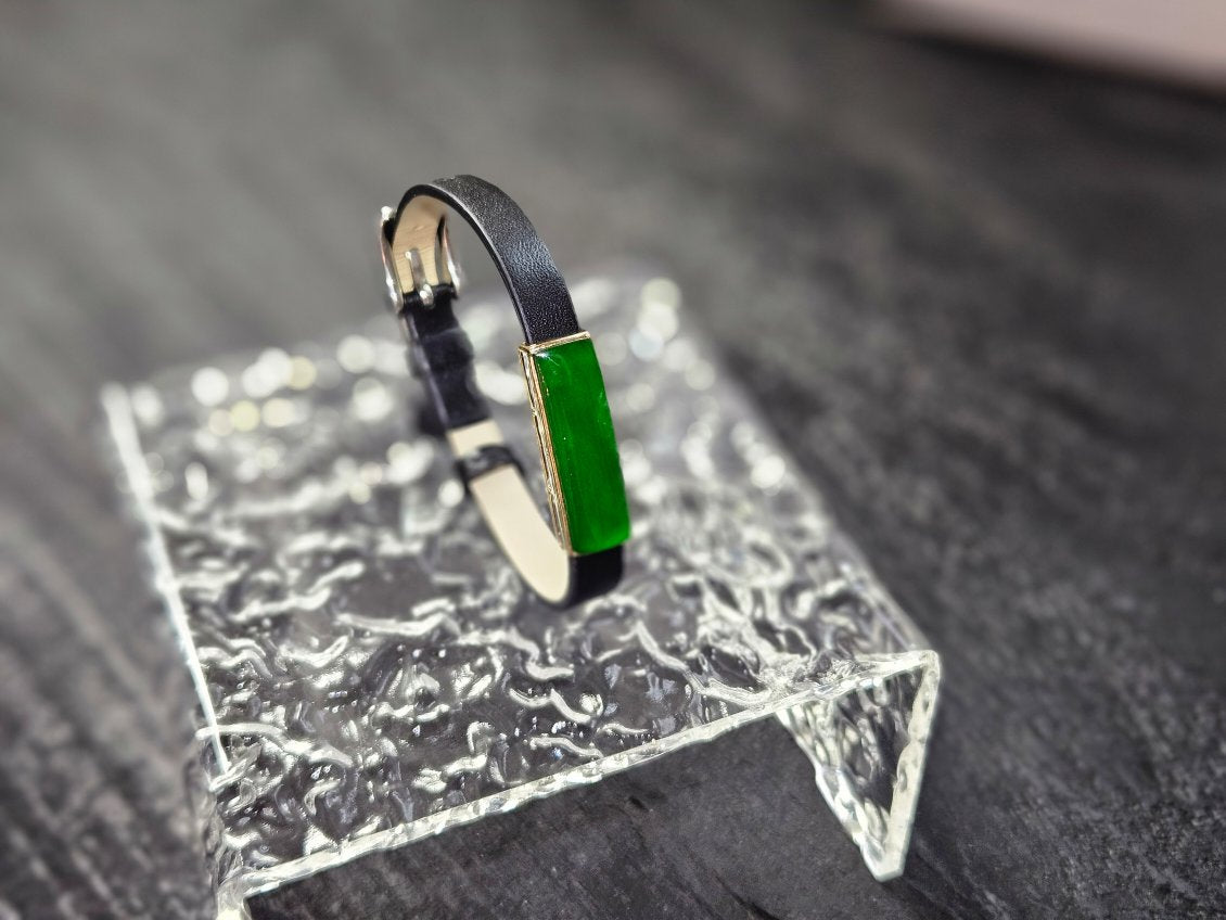 Certified 18K Gold with Grade A 100% Natural High Quality Guatemala Green Jade with Leather unique trendy style bracelet or pendant