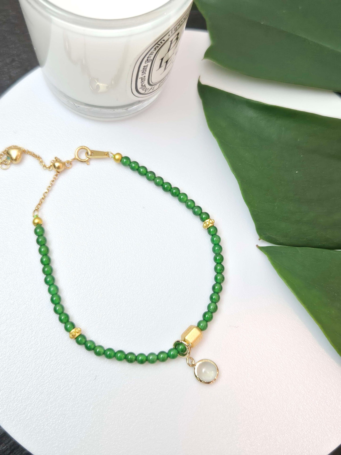 Certified 100% Natural Grade A Guatemala Very Rare High Quality Green Jadeite Beaded S925 Gold Plated Silver Bracelet with unique trendy style 18K Gold ICY Charm