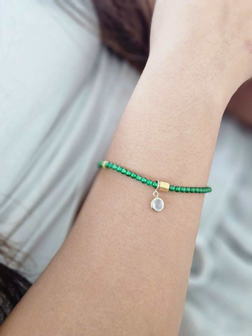 Certified 100% Natural Grade A Guatemala Very Rare High Quality Green Jadeite Beaded S925 Gold Plated Silver Bracelet with unique trendy style 18K Gold ICY Charm