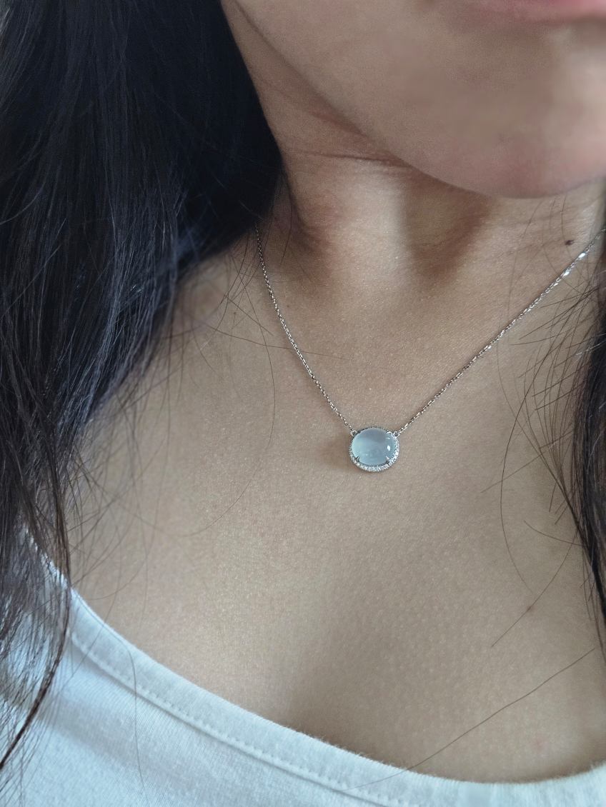 (SOLD) Certified 100% Natural Grade A Burma Jadeite Jade 18K Gold with Diamond setting necklace Burmese Grade A ICY white Jade pendant necklace