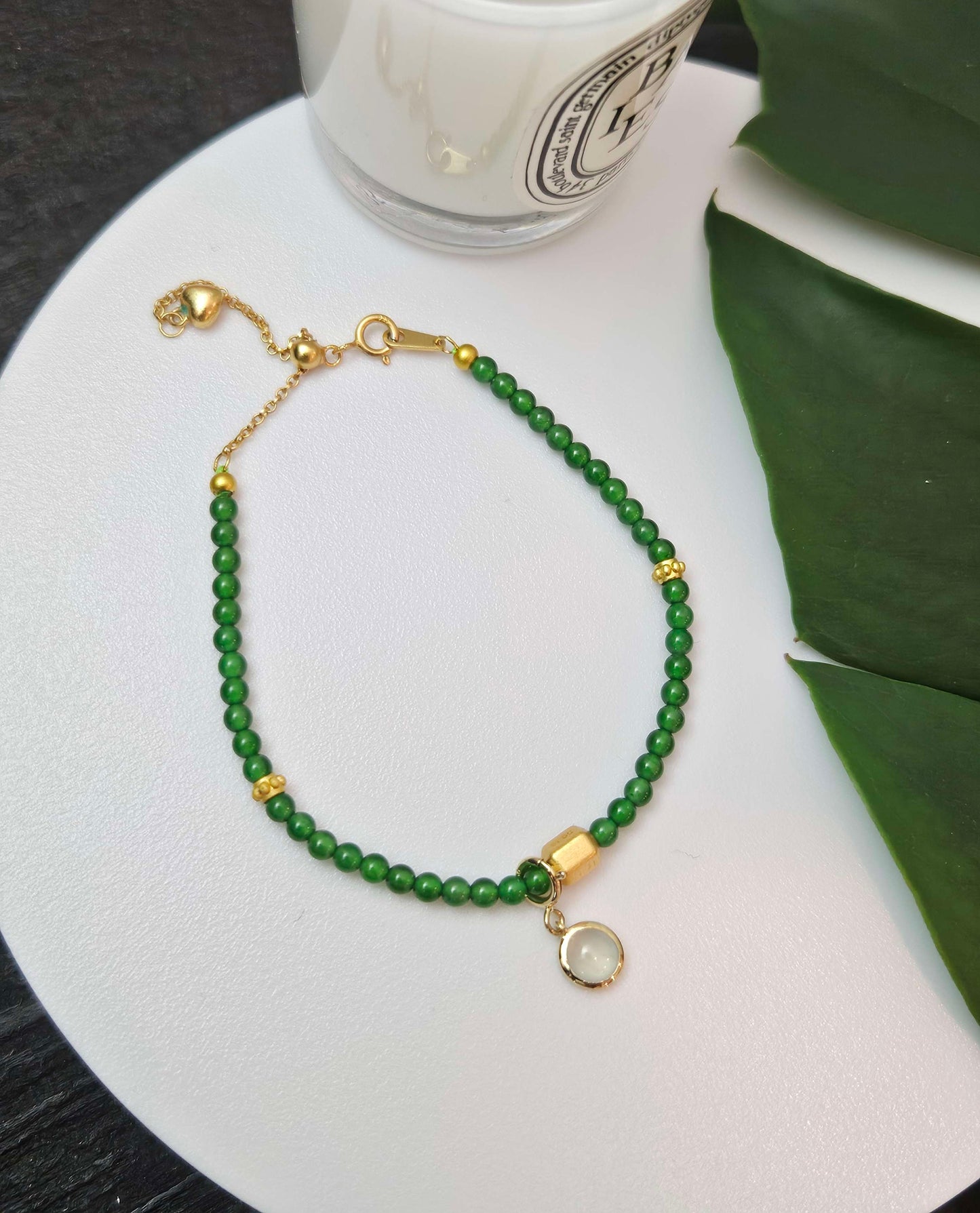 Certified 100% Natural Grade A Guatemala Very Rare High Quality Green Jadeite Beaded S925 Gold Plated Silver Bracelet with unique trendy style 18K Gold ICY Charm